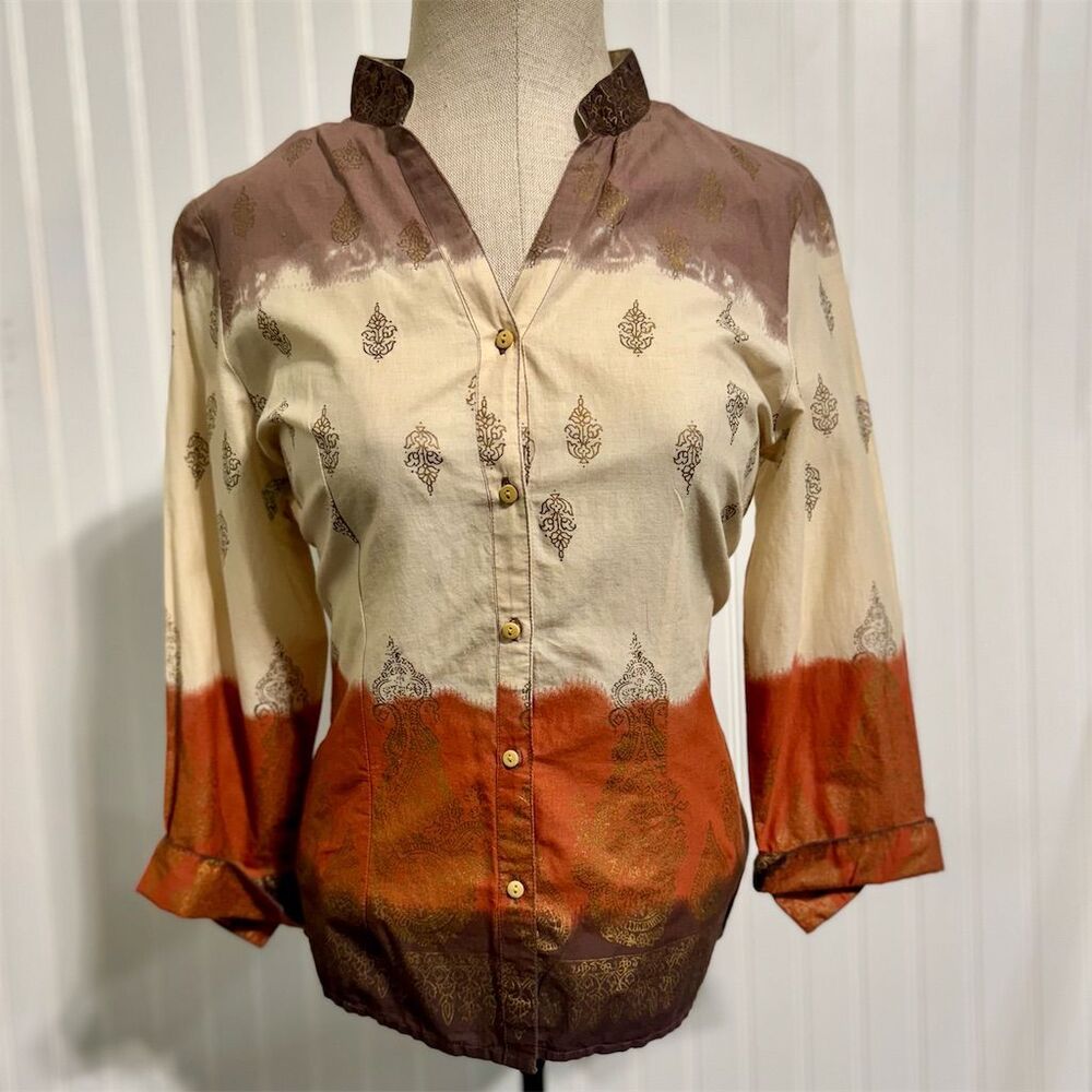 Vintage Y2K Quizz Ombre Blouse Medium Brown Rust‎ Gold Metallic Boho Whimsigoth